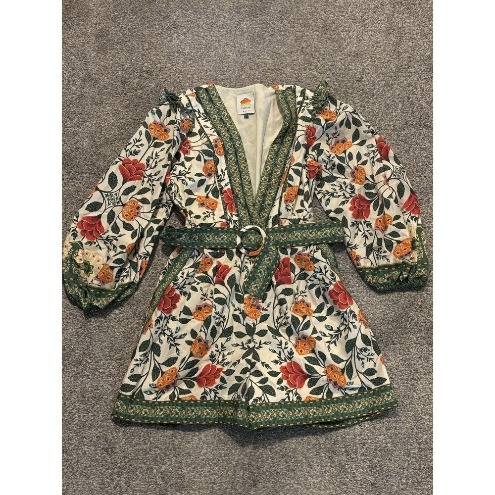 Farm Rio Garden Tapestry Floral Plunge Romper Size Small Belted Boho - Picture 1 of 6